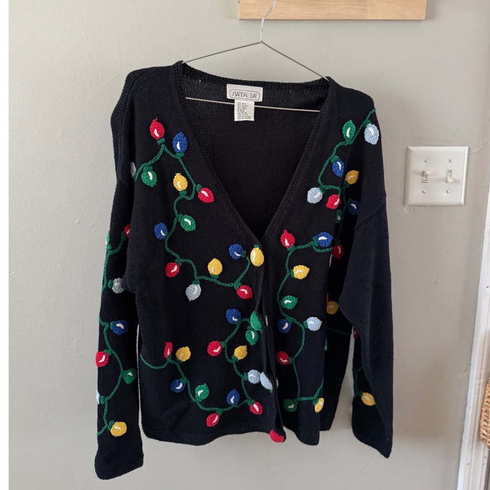 VTG Christmas Sweater Womens Medium Mandal Bay Black Christmas Lights 90s